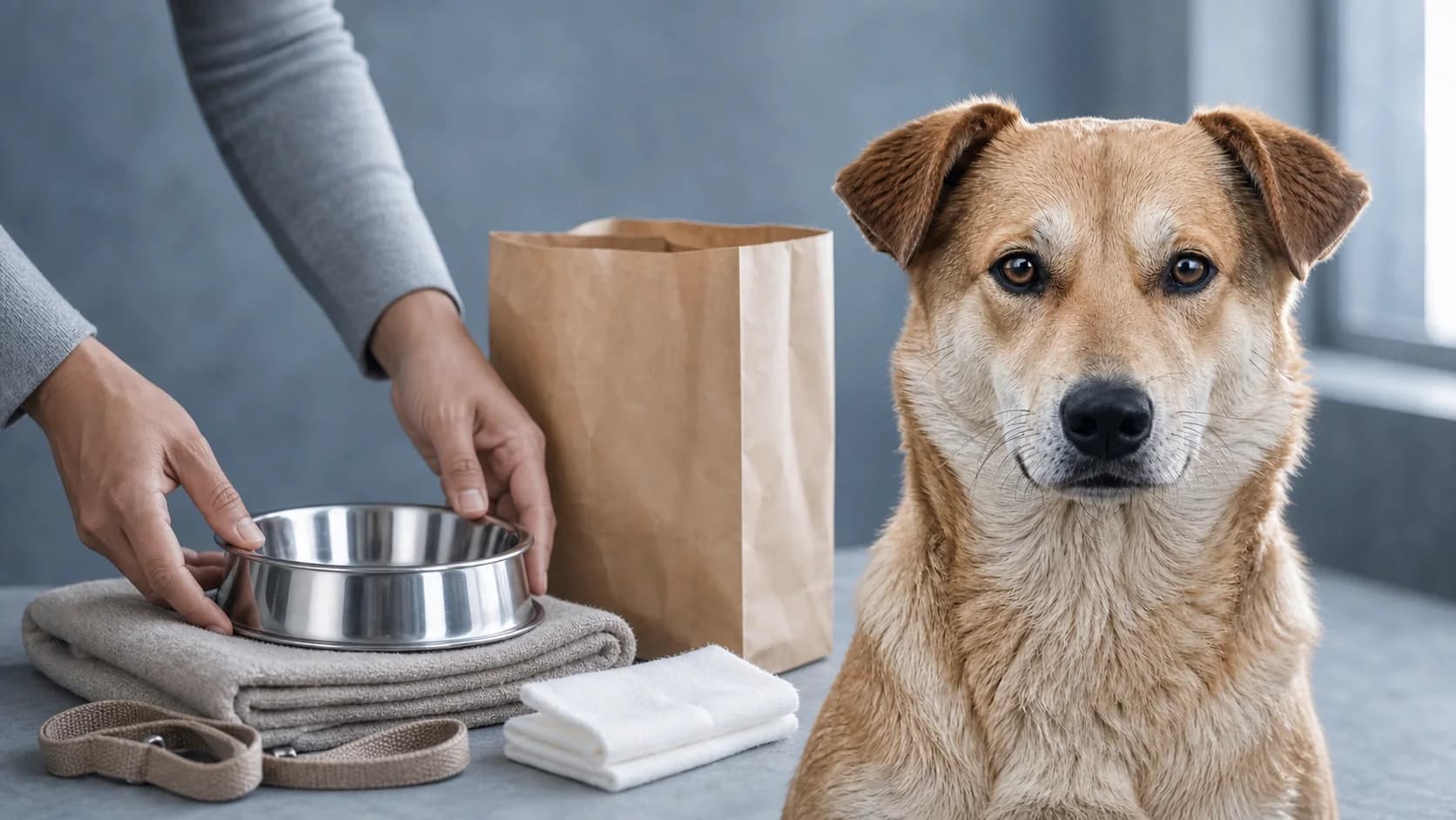 A caregiver preparing a bowl, blanket, leash, and clean care supplies beside a calm dog